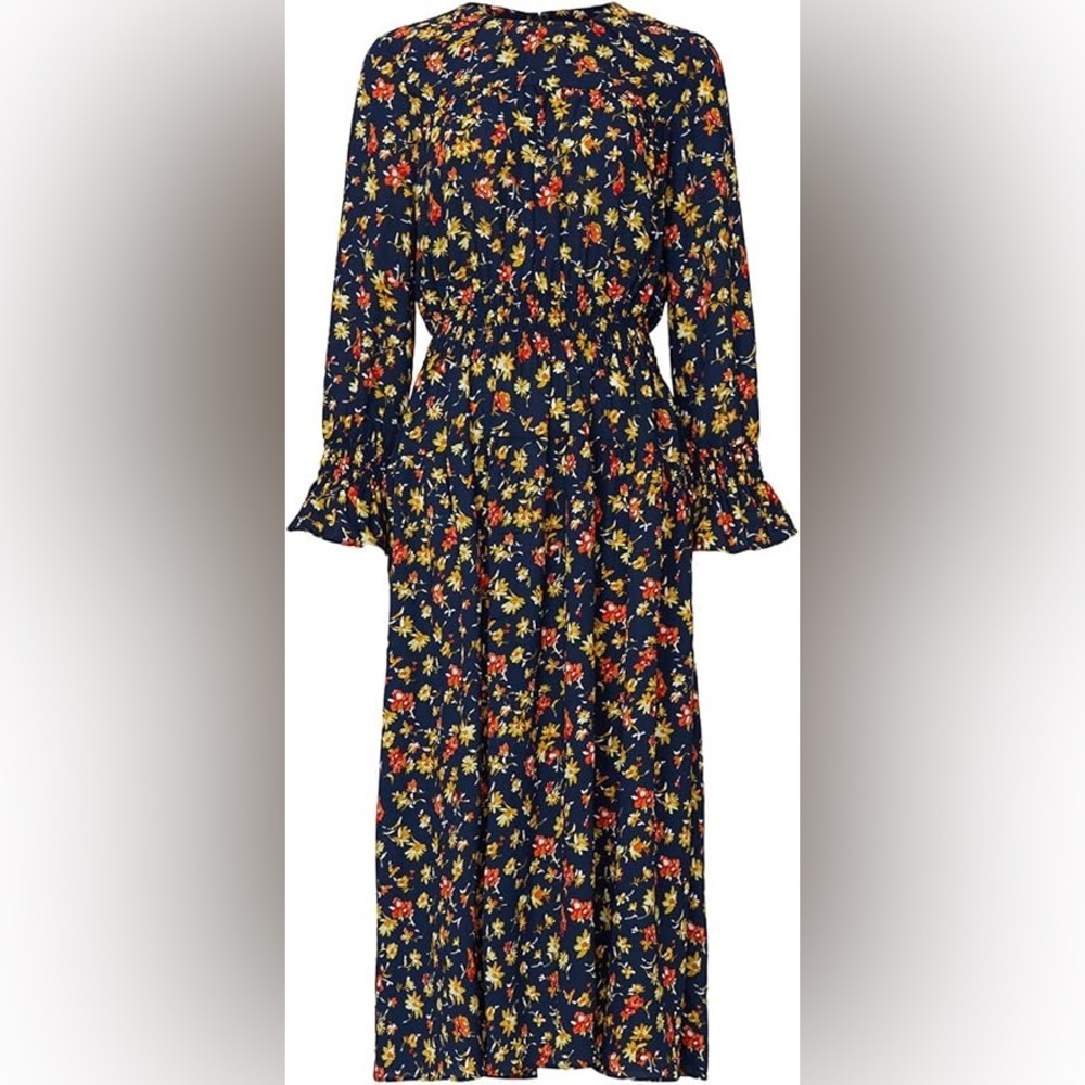 Whistles Navy Floral Smocked Waist Midi Dress Long Sleeve Ruffle Cuff - Picture 5 of 7